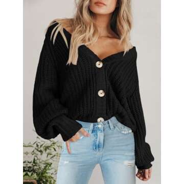 PRETTYGARDEN Women's Short Cardigan Sweaters V Neck Button-Down Long Sleeve Oversized Chunky Knit Cardigans (Black,Medium)