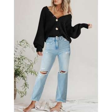 PRETTYGARDEN Women's Short Cardigan Sweaters V Neck Button-Down Long Sleeve Oversized Chunky Knit Cardigans (Black,Medium)