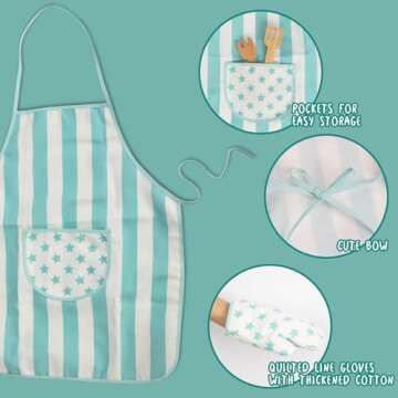 WoodenEdu Kid Apron and Chef Hat Set, 3 Pcs Children Cooking Baking Set Kits Role Play Chef Toy Kid Cooking Gift for Girls Boys (Blue)