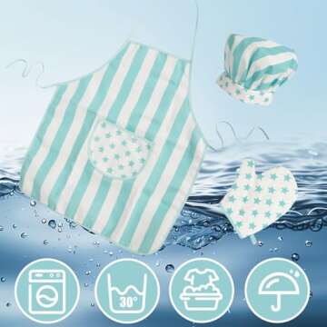 WoodenEdu Kid Apron and Chef Hat Set, 3 Pcs Children Cooking Baking Set Kits Role Play Chef Toy Kid Cooking Gift for Girls Boys (Blue)