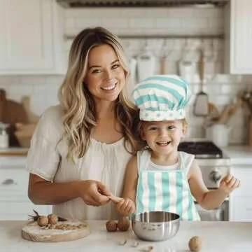 WoodenEdu Kid Apron and Chef Hat Set, 3 Pcs Children Cooking Baking Set Kits Role Play Chef Toy Kid Cooking Gift for Girls Boys (Blue)