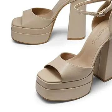 DREAM PAIRS Nude High Heels Chunky Block Platform Heels for Women Ankle Strap Sexy Open Square Toe Heels Dressy Pumps Sandals SDHS2324W Size 8.5