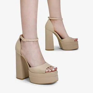 DREAM PAIRS Nude High Heels Chunky Block Platform Heels for Women Ankle Strap Sexy Open Square Toe Heels Dressy Pumps Sandals SDHS2324W Size 8.5
