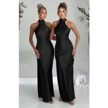 Memoriesea Women's Sexy Satin High Split Sleeveless Backless Party Wedding Maxi Dress Black