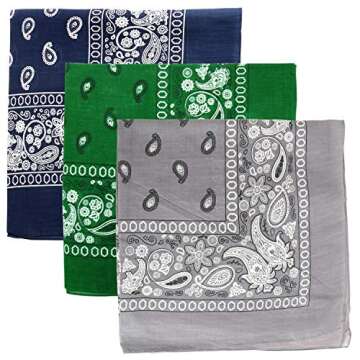 Kaiser Novelty Bandanas Paisley Cotton Bandanas Single Pack (3 PACK Navy+Green+Gray)