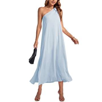 Rooscier Women's One Shoulder Bow Tie Sleeveless High Split Party Sexy Maxi Dress Light Blue Large