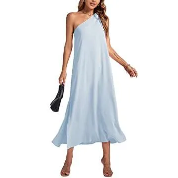 Rooscier Women's One Shoulder Bow Tie Sleeveless High Split Party Sexy Maxi Dress Light Blue Large