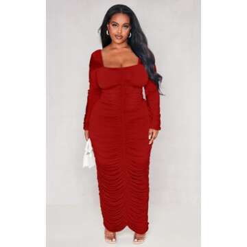 LAGSHIAN Womens Sexy Plus Size Long Sleeve Bodycon Ruched Square Neck Party Long Dress Red