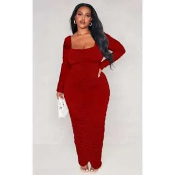 LAGSHIAN Womens Sexy Plus Size Long Sleeve Bodycon Ruched Square Neck Party Long Dress Red