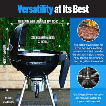 SnS Grills Patented Slow ‘N Sear® Kettle Grill with Deluxe Insert and Easy Spin Grate for Two-Zone Charcoal Grill Cooking, Low ‘N Slow Smoking and BBQing - Black 22-Inch