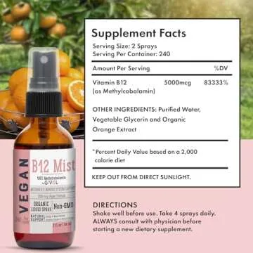 GIVOL Organic Vegan Vitamin B12 Supplement Liquid Mist for Quick Absorption 5,000mcg Methylcobalamin - No Harsh Chemicals or Preservatives - No Artificial Sweeteners Added Non-GMO 240 Days Supply