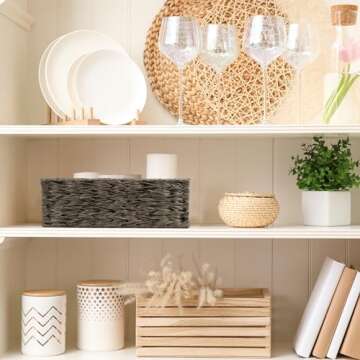 Wicker Storage Basket, Waterproof Plastic Large Wicker Basket with Built-in Handles, Woven Basket for Storage, Rattan Basket for Organizing Shelves, 1 Pack (Brown)