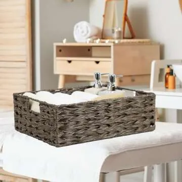 Wicker Storage Basket, Waterproof Plastic Large Wicker Basket with Built-in Handles, Woven Basket for Storage, Rattan Basket for Organizing Shelves, 1 Pack (Brown)