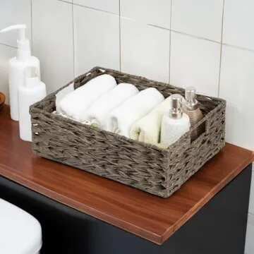 Wicker Storage Basket, Waterproof Plastic Large Wicker Basket with Built-in Handles, Woven Basket for Storage, Rattan Basket for Organizing Shelves, 1 Pack (Brown)