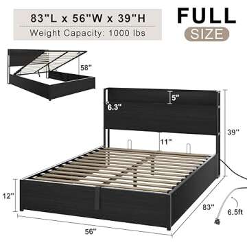 AMERLIFE Full Size Lift Up Storage Bed Frame, Wooden Platform Bed Frame with Lifting Storage & Charging Station, No Spring Box Needed/Noise Free, Black