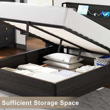 AMERLIFE Full Size Lift Up Storage Bed Frame, Wooden Platform Bed Frame with Lifting Storage & Charging Station, No Spring Box Needed/Noise Free, Black