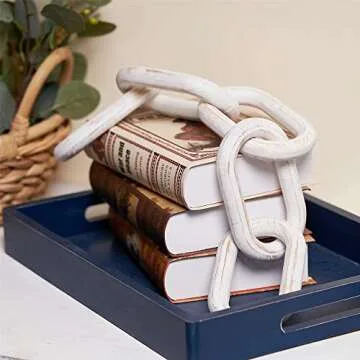 GENMOUS & CO. Wooden Chain Home Decor Farmhouse Decorative 5-Link Chain Decor Hand-Carved Wood Crafts Ornaments for Rustic Country Coffee Table Farmhouse Tiered Tray Table (White Washed,22.75")