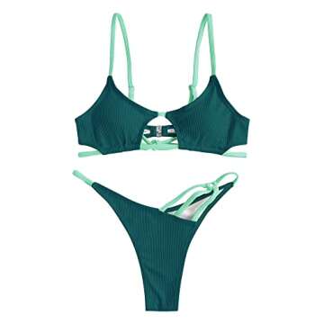 ZAFUL Women's Sexy Cutout Bikini Thong Set - Flattering Color Block Swimwear