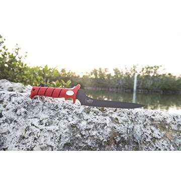 Bubba Blade 9 Inch Serrated Flex Fillet Knife with Non-Slip Grip Handle, Offset Full Tang Stainless Steel Blade, Lanyard Hole and Synthetic Sheath for Fishing