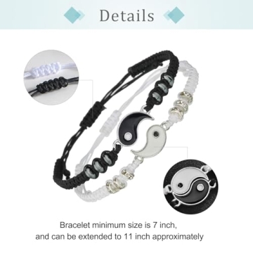 Best Friend Bracelets for 2 Matching Yin Yang Adjustable Cord Bracelet for Bff Friendship Relationship Boyfriend Girlfriend Valentines Gift