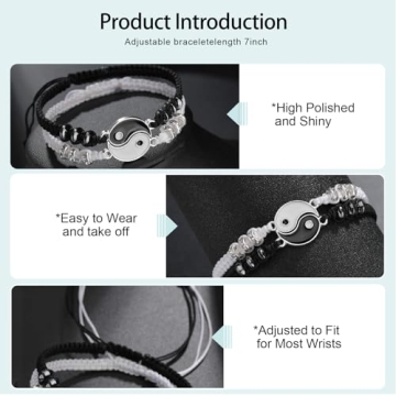 Best Friend Bracelets for 2 Matching Yin Yang Adjustable Cord Bracelet for Bff Friendship Relationship Boyfriend Girlfriend Valentines Gift