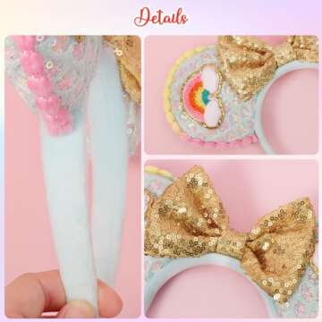 UNSPAZ Headband, 3D Mouse Ears for Women Girls - Mint Green Rainbow, 4" Park Ears, Handmade Velvet Bow Headband with Sequin, Cotton Filled, Birthday Party Decorations Hair Accessories