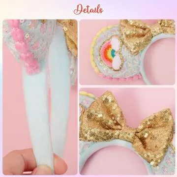 UNSPAZ Headband, 3D Mouse Ears for Women Girls - Mint Green Rainbow, 4" Park Ears, Handmade Velvet Bow Headband with Sequin, Cotton Filled, Birthday Party Decorations Hair Accessories