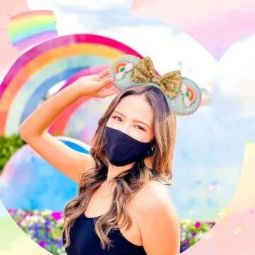 UNSPAZ Headband, 3D Mouse Ears for Women Girls - Mint Green Rainbow, 4" Park Ears, Handmade Velvet Bow Headband with Sequin, Cotton Filled, Birthday Party Decorations Hair Accessories