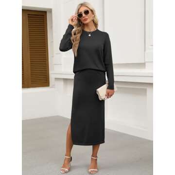 ANRABESS Women 2 Piece Outfits Striped Sweater Skirt Sets 2025 Fall Casual Long Sleeve Pullover Top Lounge Travel Midi Dress Black Small