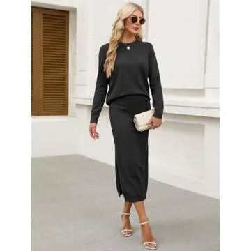 ANRABESS Women 2 Piece Outfits Striped Sweater Skirt Sets 2025 Fall Casual Long Sleeve Pullover Top Lounge Travel Midi Dress Black Small