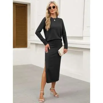 ANRABESS Women 2 Piece Outfits Striped Sweater Skirt Sets 2025 Fall Casual Long Sleeve Pullover Top Lounge Travel Midi Dress Black Small