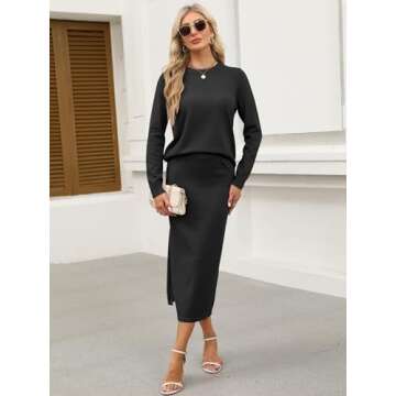 ANRABESS Women 2 Piece Outfits Striped Sweater Skirt Sets 2025 Fall Casual Long Sleeve Pullover Top Lounge Travel Midi Dress Black Small