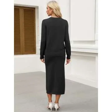 ANRABESS Women 2 Piece Outfits Striped Sweater Skirt Sets 2025 Fall Casual Long Sleeve Pullover Top Lounge Travel Midi Dress Black Small