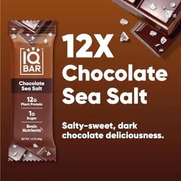 IQBAR Brain and Body Plant Protein Bars - Chocolate Sea Salt - 12-Count Low Carb - Gluten Free, High Fiber, Vegan Snacks - Low Sugar Meal Replacement