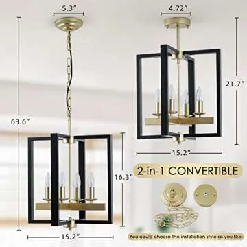 Industrial Lantern Chandelier, 4-Light Modern Geometric Semi Flush Mount Ceiling Light Fixture, Black & Champagne Gold Farmhouse Pendant Lighting Fixtures for Living Room Kitchen Island Hallway Foyer