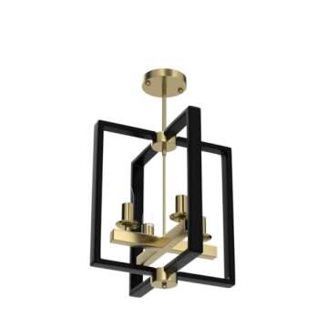 Industrial Lantern Chandelier, 4-Light Modern Geometric Semi Flush Mount Ceiling Light Fixture, Black & Champagne Gold Farmhouse Pendant Lighting Fixtures for Living Room Kitchen Island Hallway Foyer