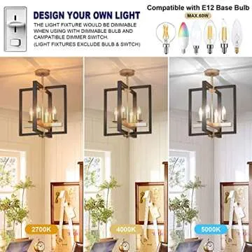 Industrial Lantern Chandelier, 4-Light Modern Geometric Semi Flush Mount Ceiling Light Fixture, Black & Champagne Gold Farmhouse Pendant Lighting Fixtures for Living Room Kitchen Island Hallway Foyer