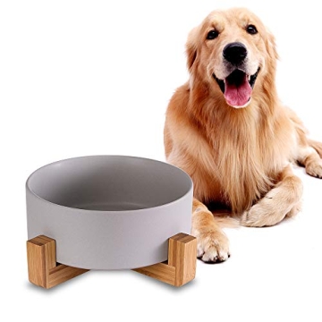Premium Grey Ceramic Dog Bowls with Wood Stand - No Tip Over, Large Capacity