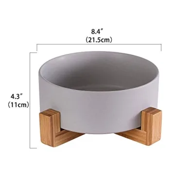 Grey Ceramic Dog Bowls with Wood Stand Large Capacity No Tip