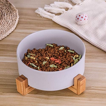 Grey Ceramic Dog Bowls with Wood Stand Large Capacity No Tip