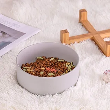 Grey Ceramic Dog Bowls with Wood Stand Large Capacity No Tip