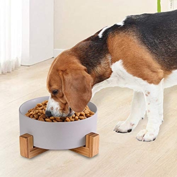 Grey Ceramic Dog Bowls with Wood Stand Large Capacity No Tip