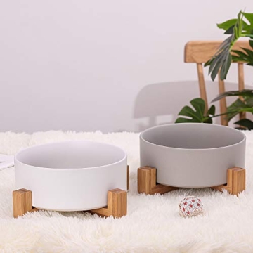 Grey Ceramic Dog Bowls with Wood Stand Large Capacity No Tip