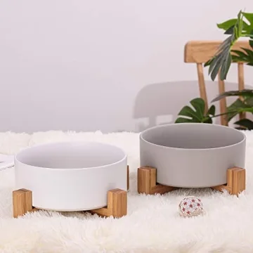 Grey Ceramic Dog Bowls with Wood Stand Large Capacity No Tip