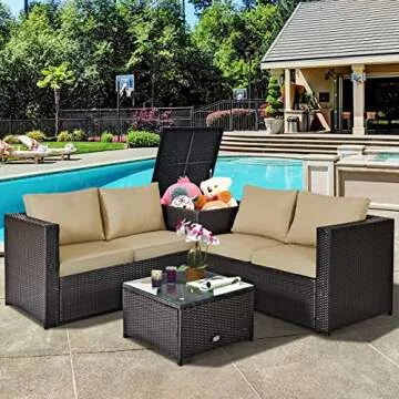 Tangkula 4 Piece Wicker Patio Set with Storage, All Weather-Proof Outdoor Conversation Set, with Loveseat, Glass Top Coffee Table & Storage Box, Suitable for Garden, Poolside, Sunroom (1, Dark Brown)