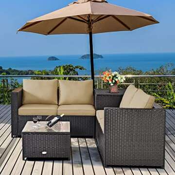 Tangkula 4 Piece Wicker Patio Set with Storage, All Weather-Proof Outdoor Conversation Set, with Loveseat, Glass Top Coffee Table & Storage Box, Suitable for Garden, Poolside, Sunroom (1, Dark Brown)