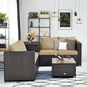 Tangkula 4 Piece Wicker Patio Set with Storage, All Weather-Proof Outdoor Conversation Set, with Loveseat, Glass Top Coffee Table & Storage Box, Suitable for Garden, Poolside, Sunroom (1, Dark Brown)
