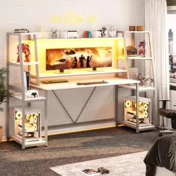 SEDETA White Gaming Desk 78.8'' with LED Lights, Hutch and Storage Shelves, Computer Desk with Monitor Stand, Large PC Gamer Desk Workstation, Ergonomic Gaming Table for Bedroom, Living Room