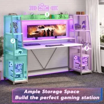 SEDETA White Gaming Desk 78.8'' with LED Lights, Hutch and Storage Shelves, Computer Desk with Monitor Stand, Large PC Gamer Desk Workstation, Ergonomic Gaming Table for Bedroom, Living Room