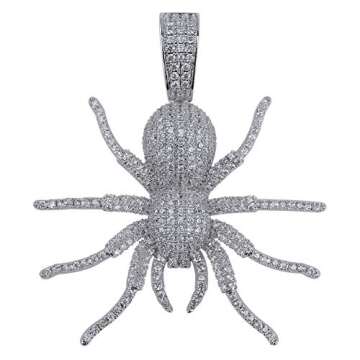 JINAO Hip Hop Iced Out Spider Design Pendant Necklace with Micropave Simulated Diamond (Silver)